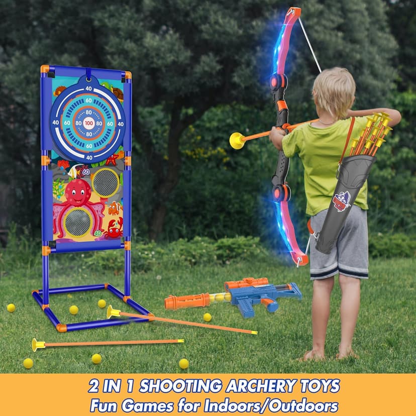 KKONES Kids Bow and Arrow Set, 2 in 1 Shooting Game with LED Light Up Archery Toy, Foam Balls, Suction Cup Arrows, Target, Quiver, Indoor Outdoor Toys for Kids Boys Girls Gifts
