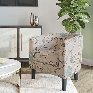 BELLEZE Living Room Chair, Linen Round Accent Barrel Chair, Club Tub Sofa Chair for Bedroom, Corner Chair with Flared Legs and Cozy Soft Padding - Highland (Floral Print)
