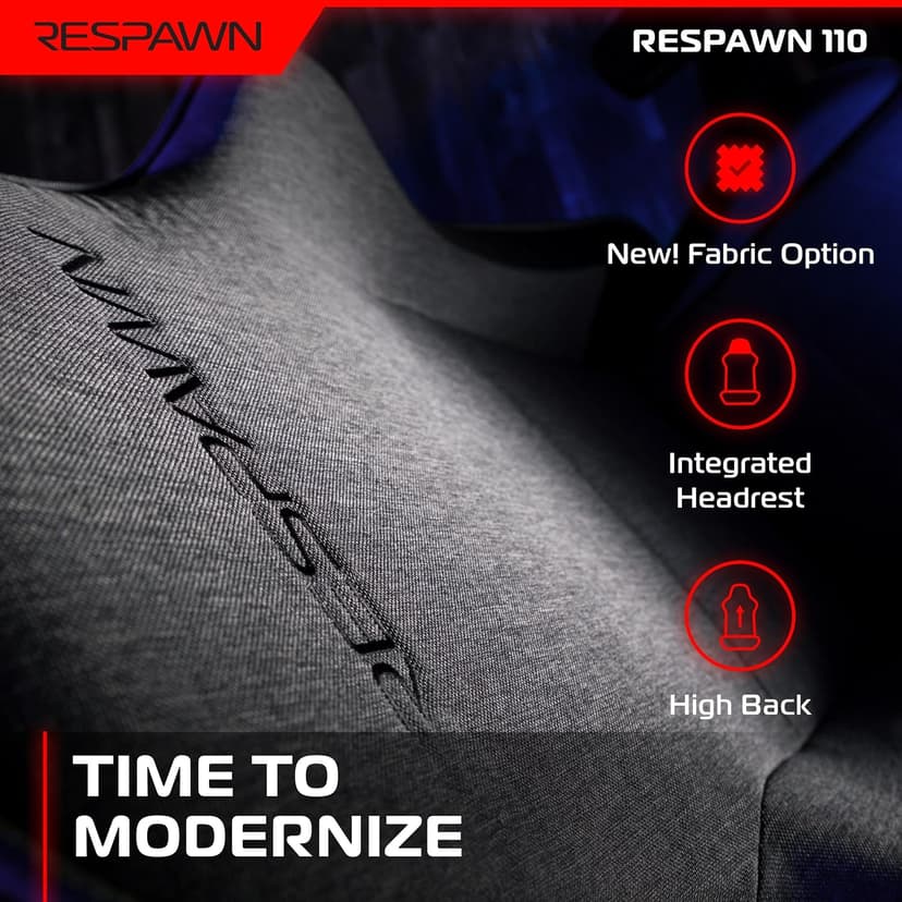 Respawn 110 Ergonomic Gaming Chair - Reclining Office Video Game Swivel Chair with Lumbar Support, Headrest, Heavy Duty, High Back, Racing Style Gaming Recliner Seat for Computer Gamer - Gray Fabric