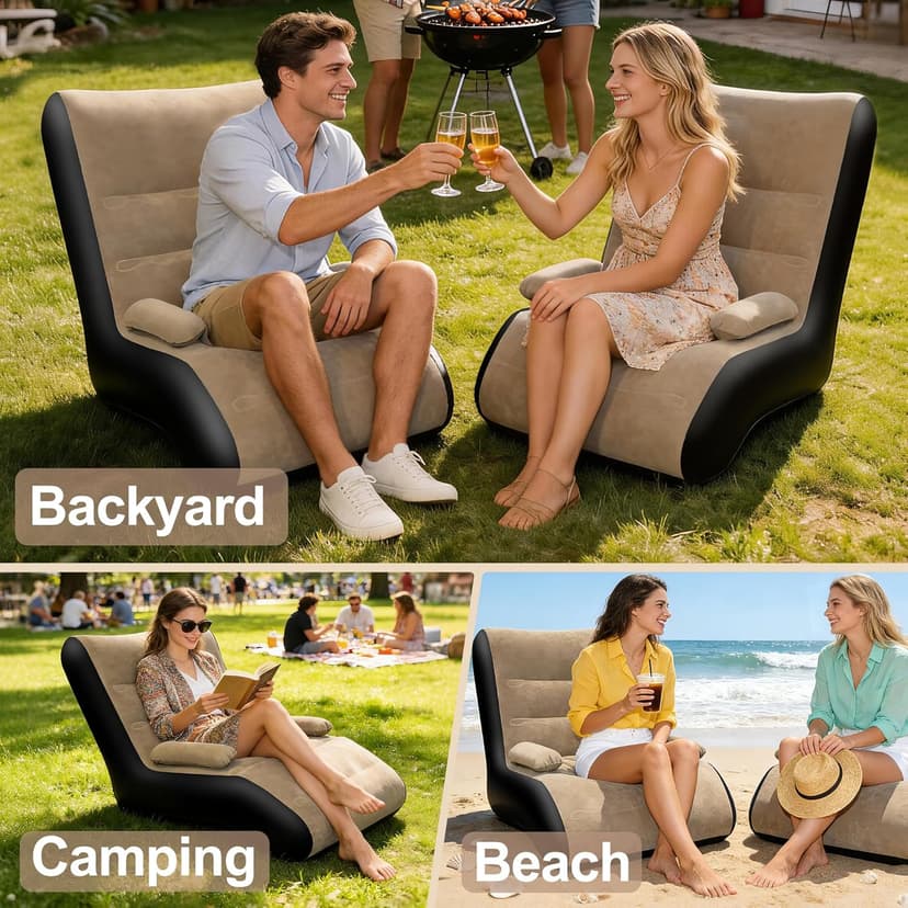 FluSing Inflatable Couch for Camping, Blow Up Couch for Adults with Armrest, Waterproof Flocked Surface Inflatable Sofa Bed Indoor, Portable Inflatable Chairs for Movie Night, Air Sofa Outdoor