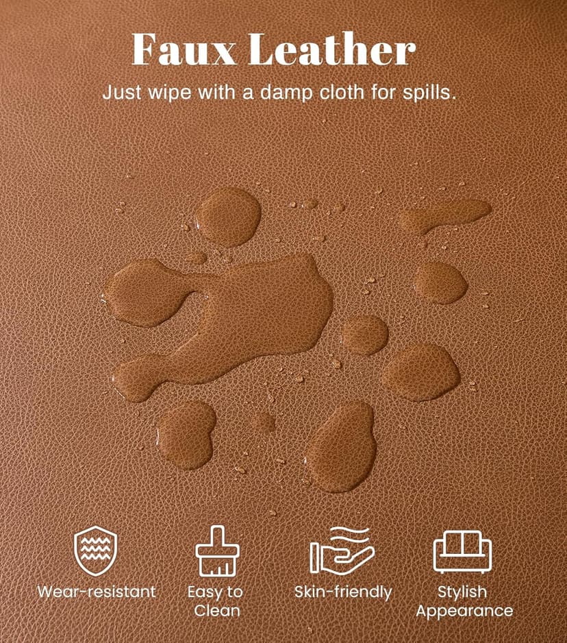 Kingfun Mid-Century Modern Couch, Faux Leather Sofa, 3 Seater Couch for Living Room with Rolled arms & Nailhead Trim, Brown