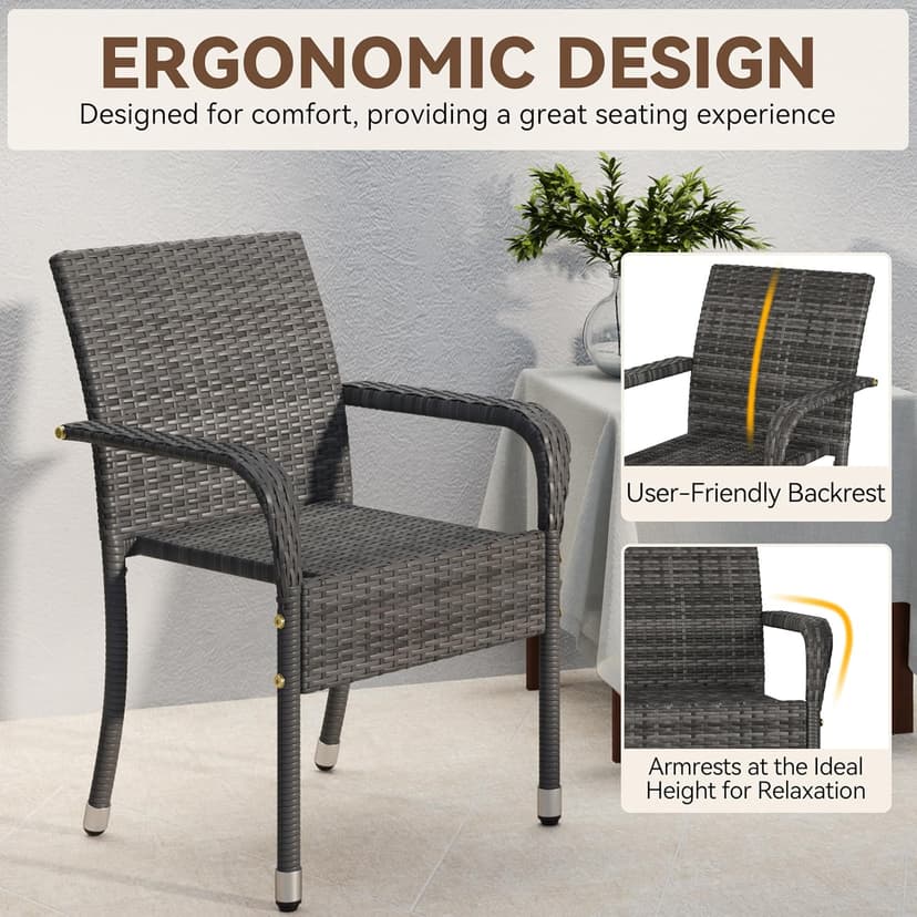 Yaheetech Set of 2 Stackable Outdoor Rattan Dining Chairs, All-Weather Firepits Armchair w/Armrests, Steel Frame for Garden, Patio, Deck, Yard, Poolside, Gray