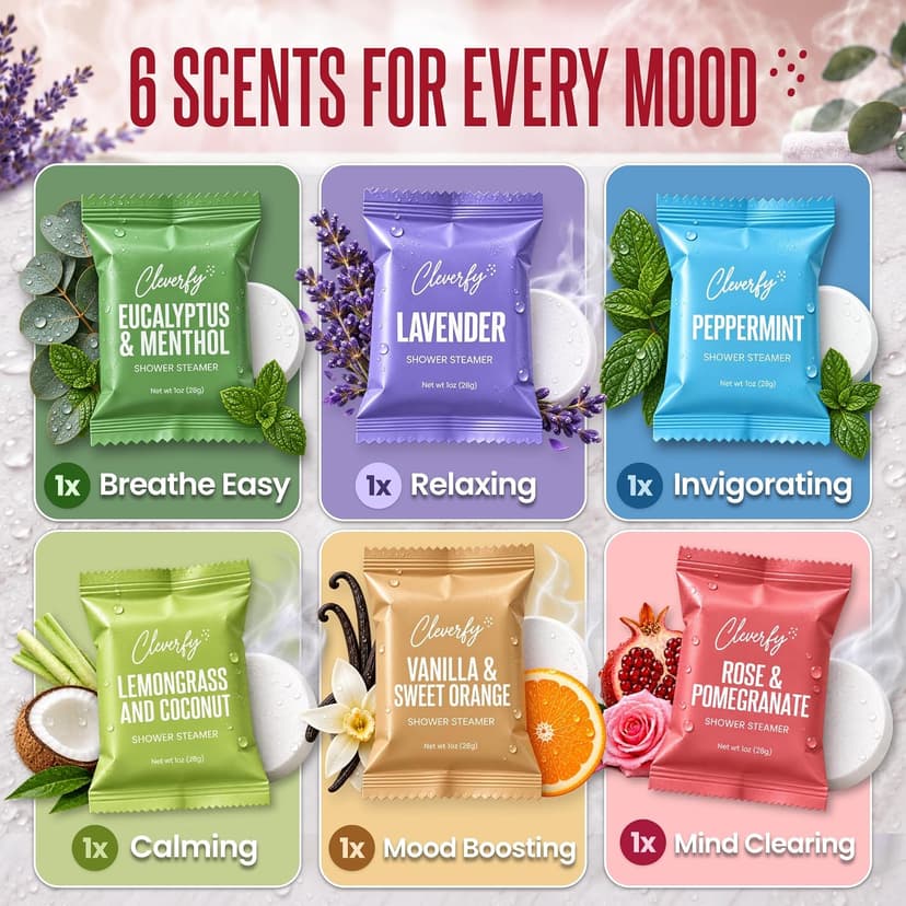 Cleverfy Shower Steamers Aromatherapy for Women and Men – Self-Care Shower Bombs for Stress Relief and Relaxation – 6 Tablets