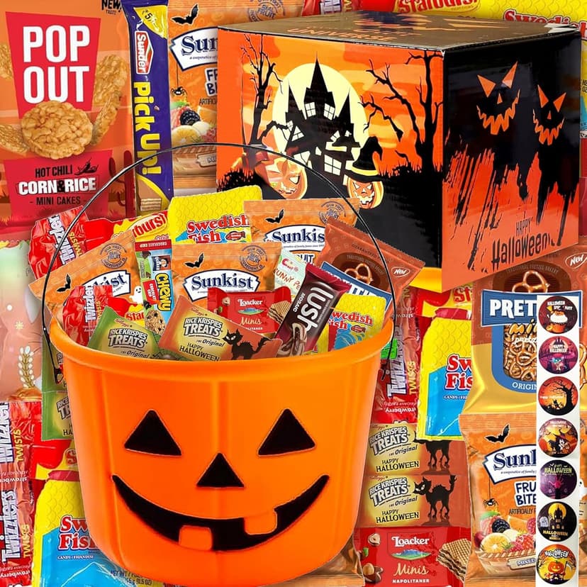 Halloween Assorted Pumpkin Bucket (44 Count) Filled with Candies, Snacks, Cookies and more, Treats for Family, Friends, Kids, Boys and Girls