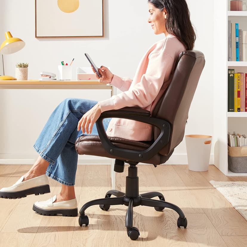 Amazon Basics Classic Puresoft PU Padded Mid-Back Office Chair with Armrest, Height Adjustable, Wheels, 25.75"D x 24.25"W x 42.25"H, Brown
