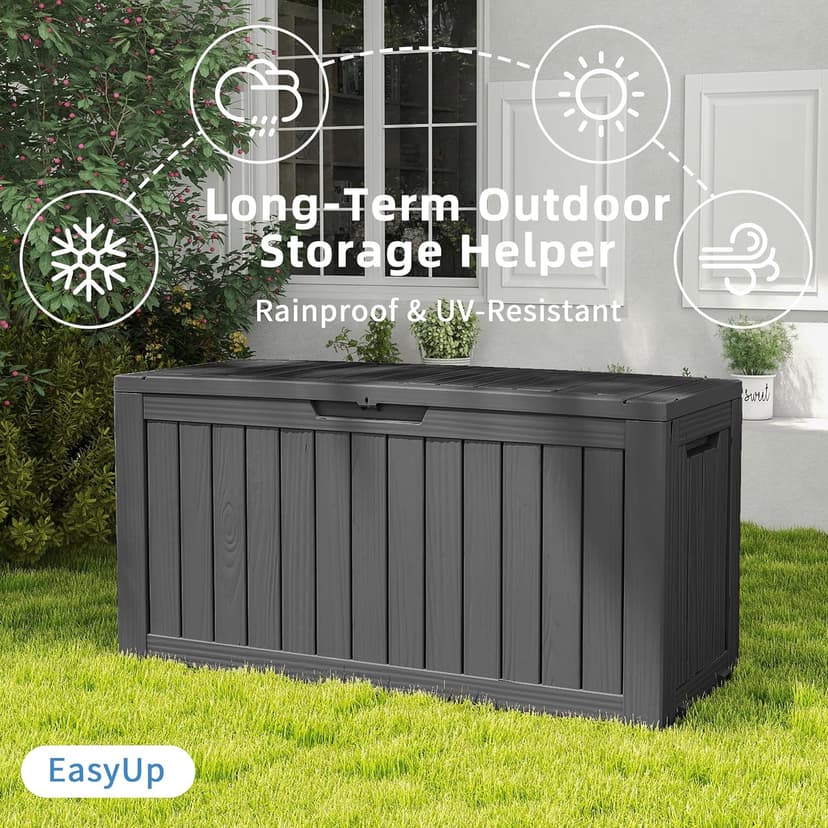 EasyUp 85 Gallon Outdoor Storage Box, Resin Waterproof UV-Resistant Deck Box, Reinforced Stability for Patio, Garden, and Poolside, Striped Black