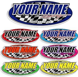 Custom Racing Name Sticker – Personalized Oval Vinyl Decal with Checkered Flag, Car Racing Style Waterproof Label for Helmet, Car, Bike, Laptop, Toolbox, Garage Gift for Men, Racing Fans