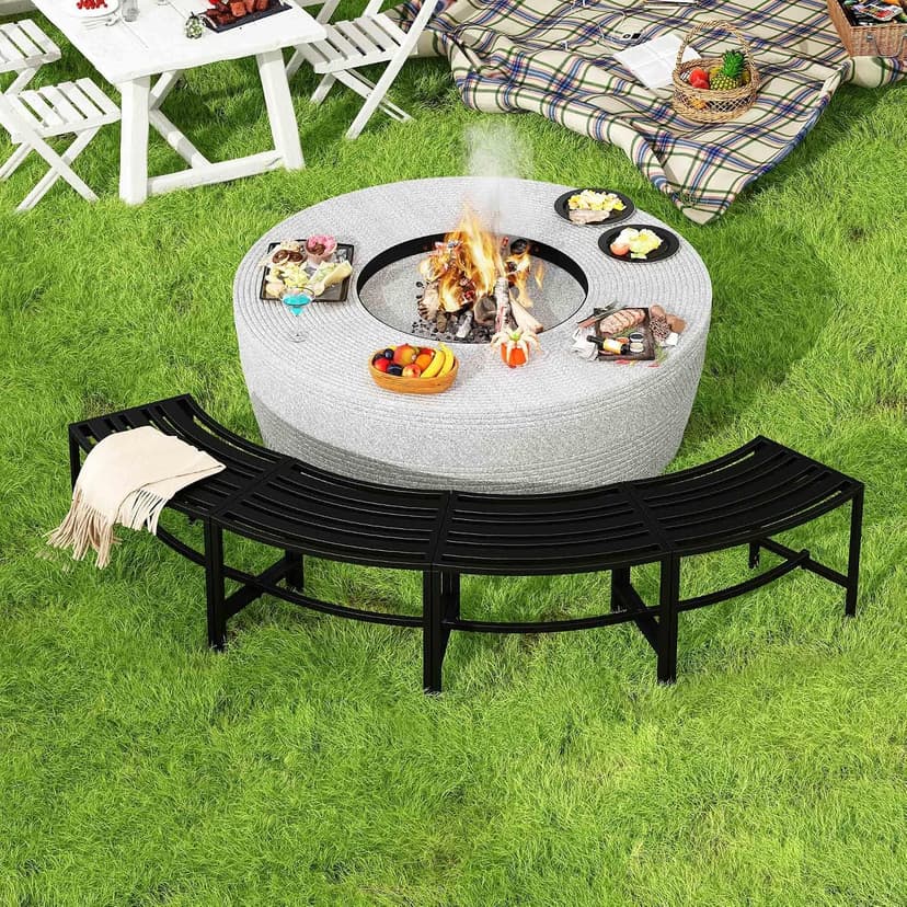 Timechee Metal Outdoor Curved Fire Pit Bench Set of 4, Fire Pit Seating Waterproof, Steel Backless Outside Tree Bench for Garden,Patio,Porch,Backyard,Heavy Duty Plant Holder, Style 3, Black