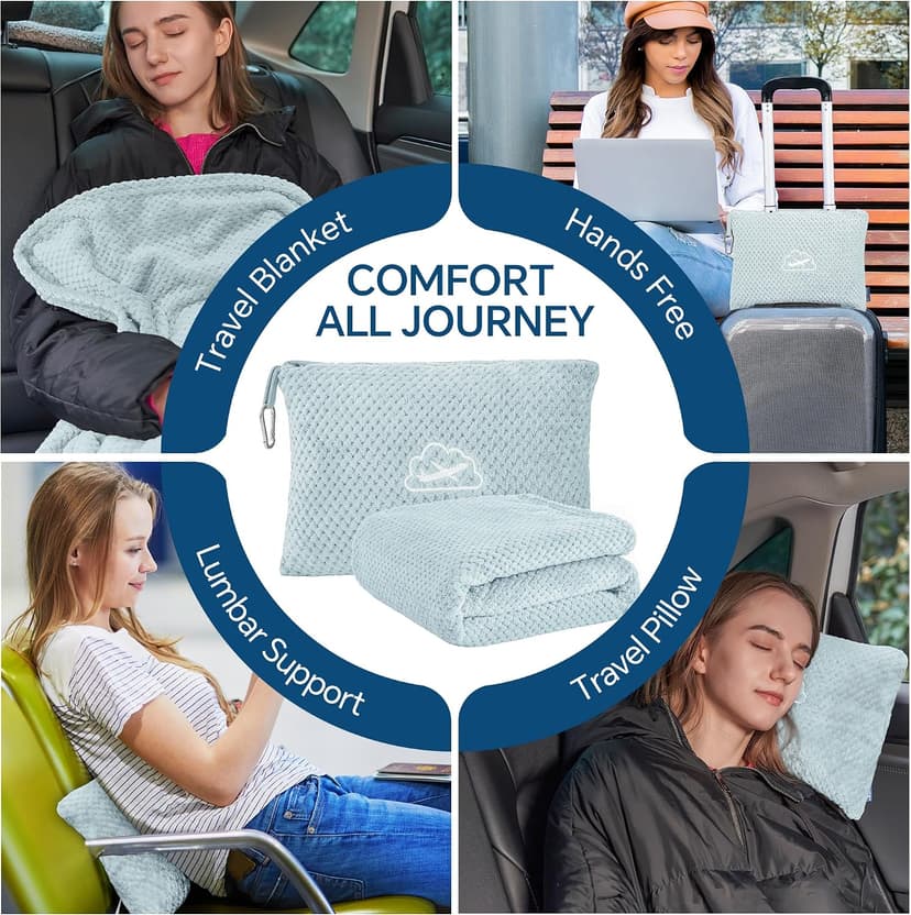 Ultra-soft Airplane Blanket, Luggage Sleeve & Backpack Clip, Travel Essentials for Women, Foldable as Pillow for Long Flight BEDELITE Travel Blanket with Bag, Jacquard Fleece Blanket 65"x40", Blue B0CNJS15T4
