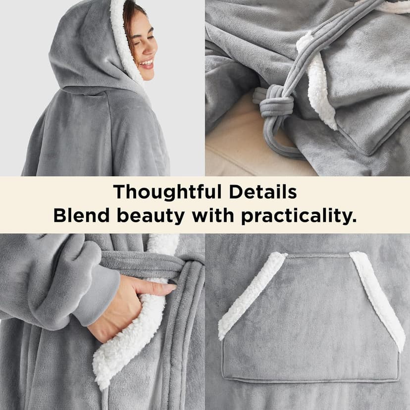 Bedsure Wearable Blanket Hoodie, Long Hooded Blanket Sweatshirt as Birthday Gifts for Women, Cozy Sherpa Hoodie for Adult, Standard, Grey