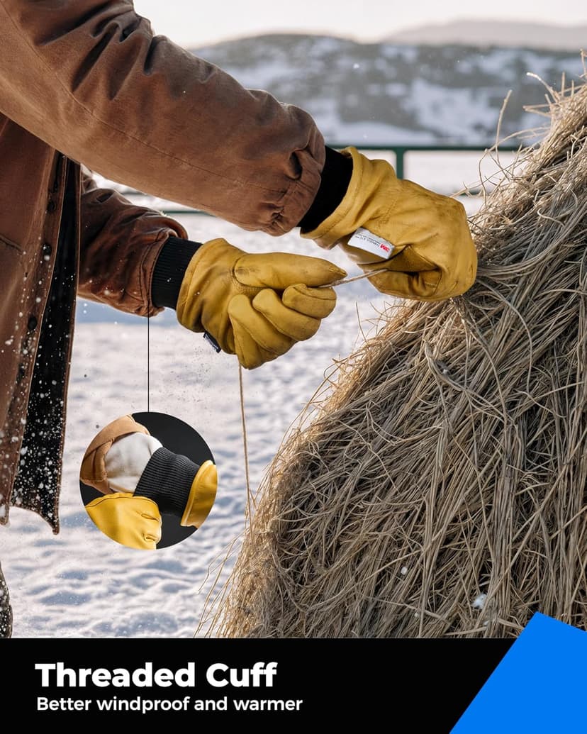 toolant Leather Winter Work Gloves for Men, 100% Grain Cowhide with Warm Thinsulate Lining, Water & Abrasion Resistance