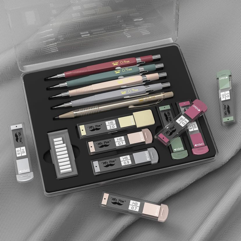 Mr. Pen- Art Mechanical Pencil Set, 5 Vintage Mechanical Pencils (0.3, 0.5, 0.7, 0.9, 2.0mm), 5 HB Lead Refills & 10 Eraser Refills, Precision Drawing Pencils for Sketching, Writing & Artwork
