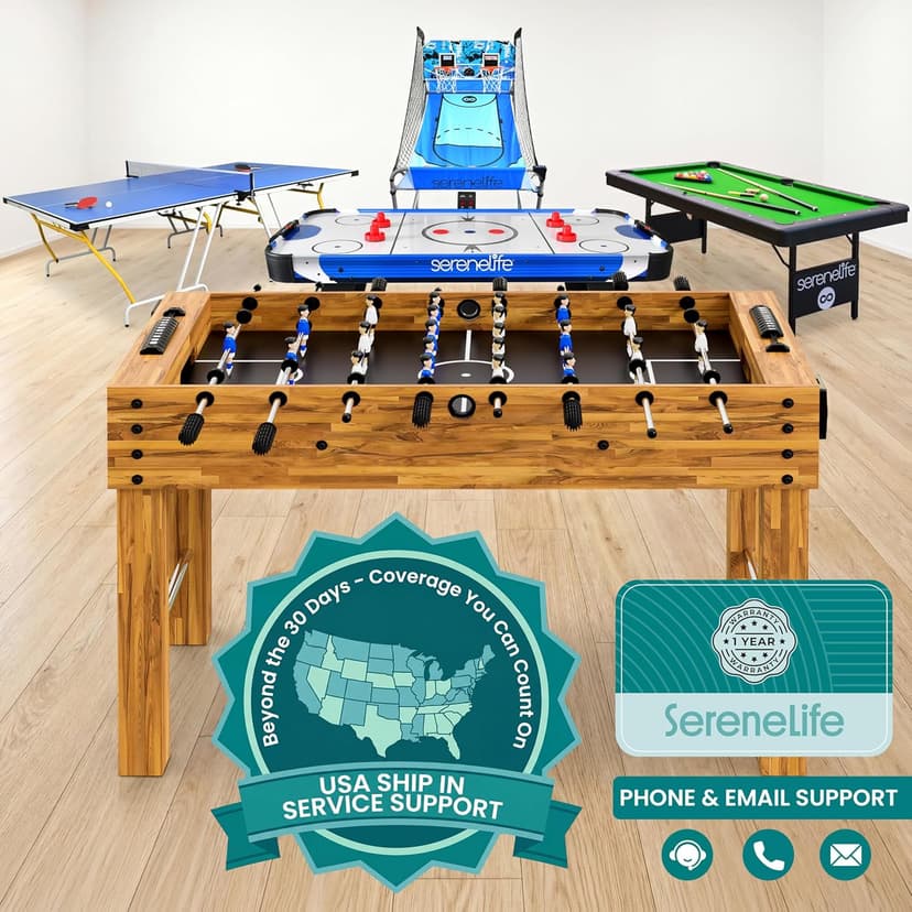 SereneLife 48in Competition Sized Foosball Table - Height Adjustable Arcade Soccer Set for Home, Game Room, Man Cave - Includes 2 Balls & 2 Fold-Out Cup Holders, Natural