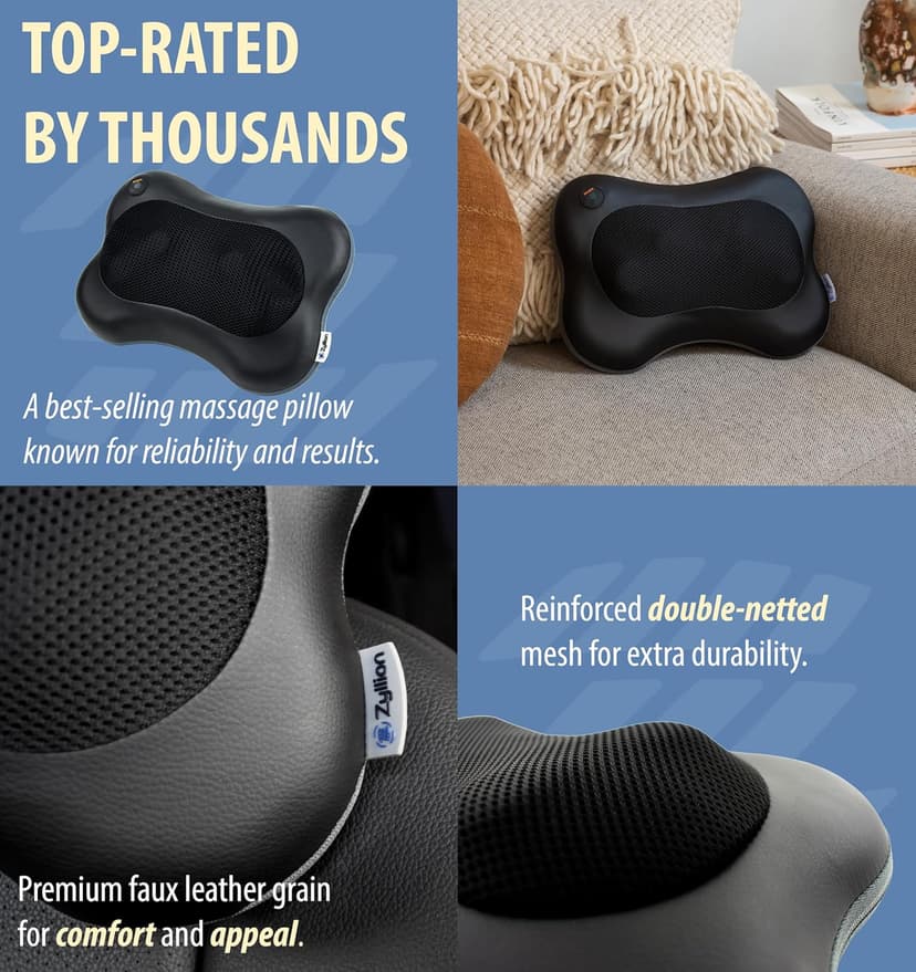 Zyllion Shiatsu Back and Neck Massager with Heat - 3D Electric Kneading Deep Tissue Massage Pillow for Muscle Pain Relief, Black, ZMA-13