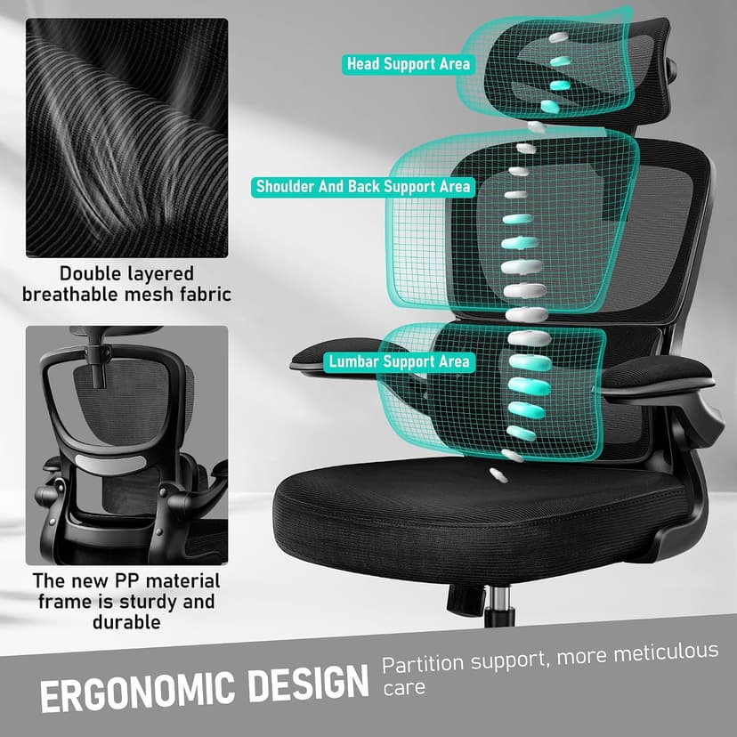 BESTFAIR High Back Ergonomic Office Chair, Breathable Mesh Desk Chair with Lumbar Support, Adjustable Headrest, Flip-up Armrests, Computer Gaming Chair, (Black)
