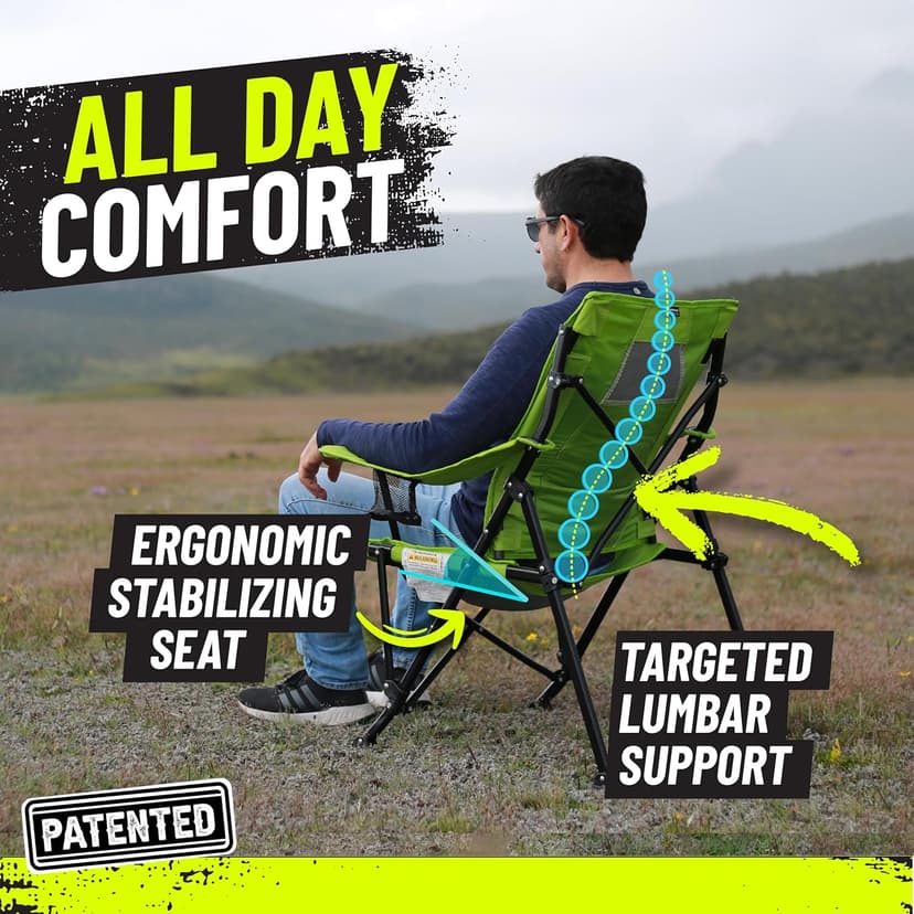 STRONGBACK Camping Chair Guru Heavy Duty Camping Chairs with Lumbar Support - Backpack Folding Camp Chair - Lime Green