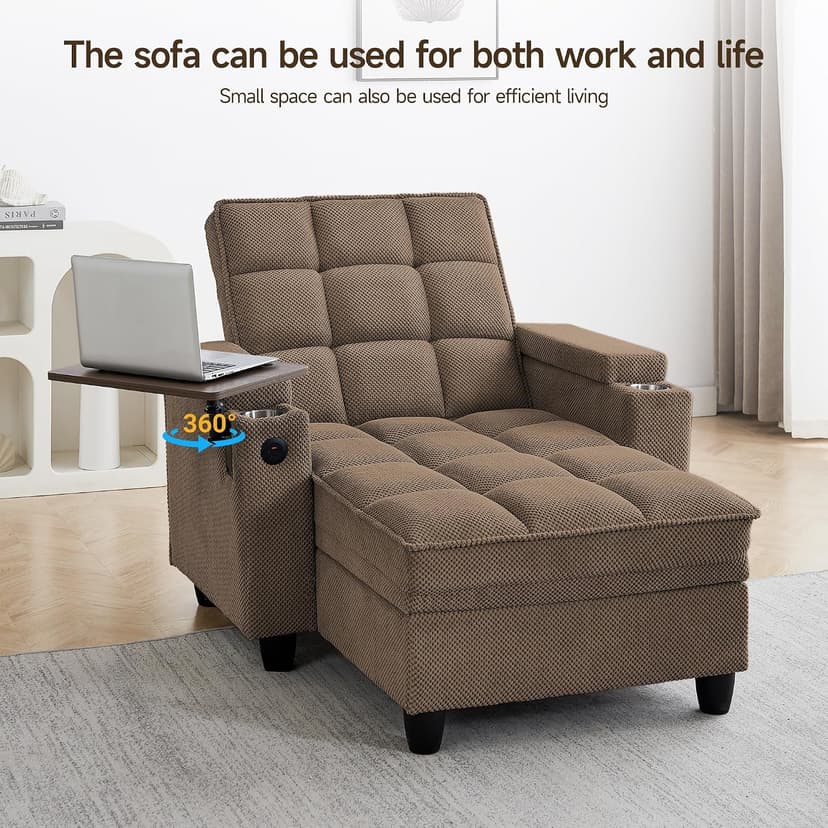 41.7" Oversized Chaise Lounge Chair Indoor, Boucle Upholstered Sofa Bed with Adjustable Backrest, Deep Seat Reading Chair, Sofas Couches for Living Room, Storage, Cup Holders & 360° Swivel Side Table