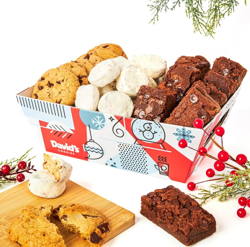 David’s Cookies Holiday Cookies and Brownies Gift Basket Crate - Deliciously Flavored Assorted Cookies and Brownies in a Christmas Snack Box Gift Crate - Gourmet Holiday Food Gift Basket for Sharing