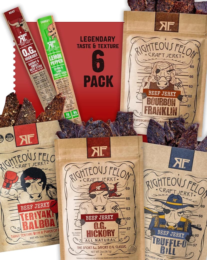 Righteous Felon Savory Beef Jerky Variety Gift Pack - Great Gifts for Men | Gluten Free, High Protein Healthy Snack | Bulk Beef, Pork, & Turkey Jerky Variety Snack Packs | The Savory 6 Pack Sampler