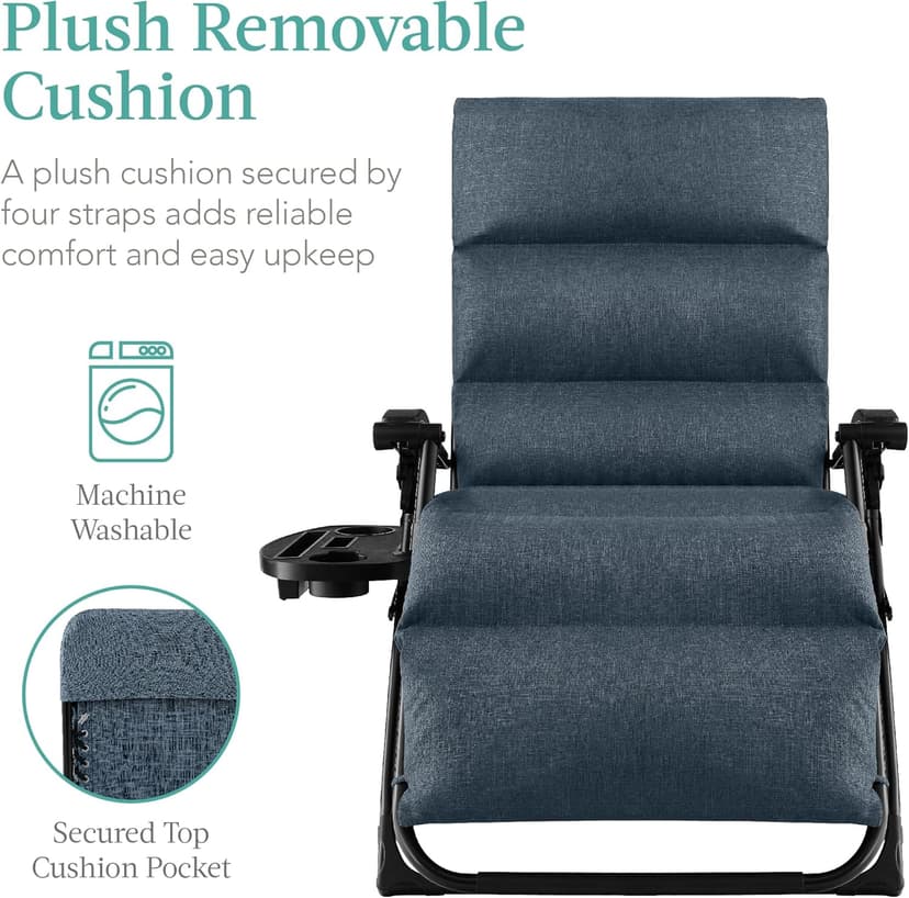 Best Choice Products Oversized Zero Gravity Chair, Folding Outdoor Patio Recliner, XL Anti Gravity Lounger w/Removable Cushion, Cup Holder, Side Tray, 350lb Capacity - Graphite Blue