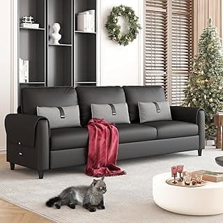 STHOUYN 88” Faux Leather Couch for Living Room, Black Office Couch Small Space, Comfy 3 Seater Couches Leather Sofa with High Backrest (Black)