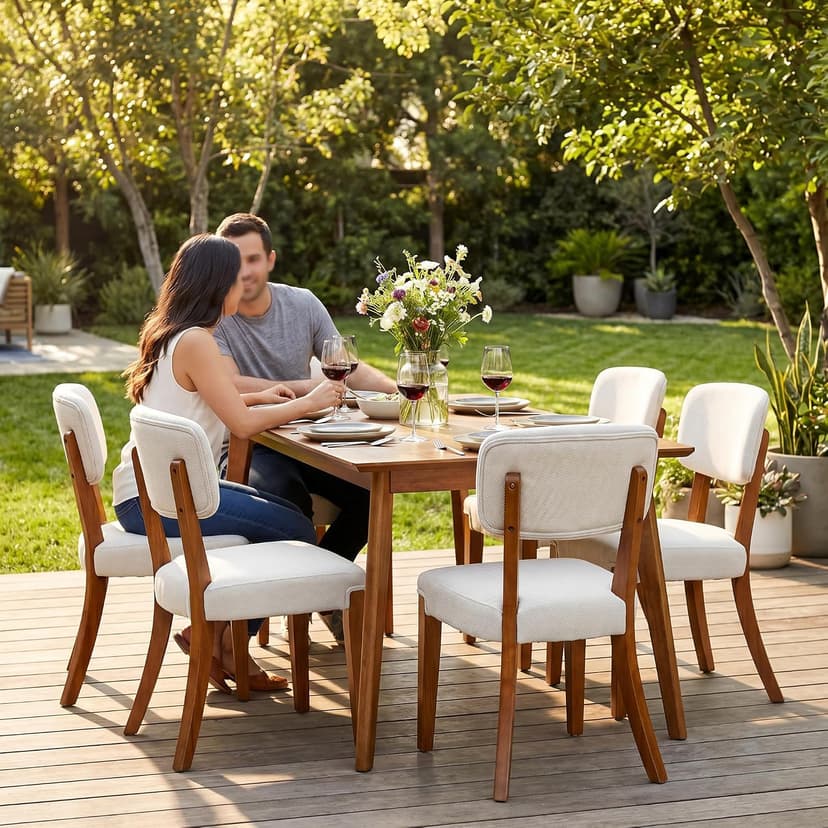 OVENTA Modern Armless Dining Chairs Set of 4, Mid-Century Contemporary Side Chairs with Solid Rubber Wood Legs, Beige Upholstered Fabric Accent Chairs for Dining Room, Kitchen, Living Room