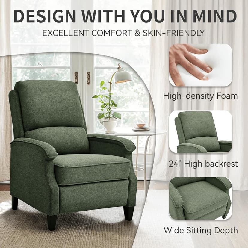 VKNOW Recliner Chair, Fabric Recliner with Soft Armrest, Home Theater Seating with Adjustable Push Back and Lumbar Support, Single Sofa for Adults, Lounge Chair for Living Room, Bedroom(Green)