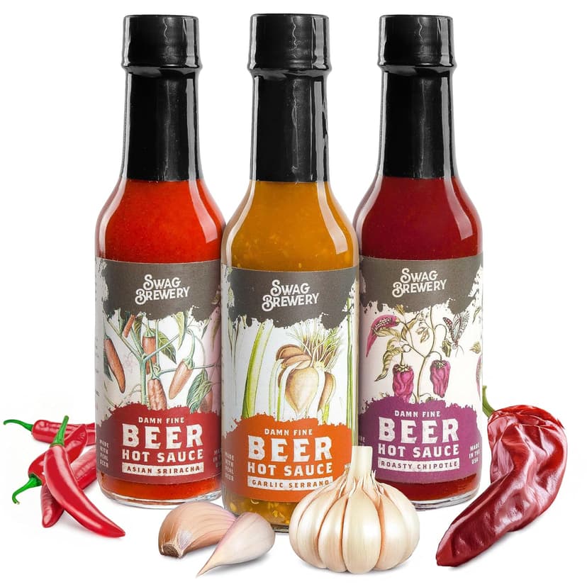 Beer-infused Hot Sauce Variety 3-pack (Includes Asian Sriracha, Garlic Serrano, & Roasty Chipotle) - Craft Beer Gift, Hot Sauce Gift Set, Beer Sauce, BBQ Sauce, Beer Lover, Grill + Man Cave