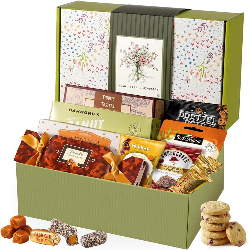 Bereavement care package with assorted snacks for loss of a loved one, funeral, memorial, or condolences. Kosher shiva. Broadway Basketeers Sympathy Gift Box & Condolence Care Package B0DM6Q61D2