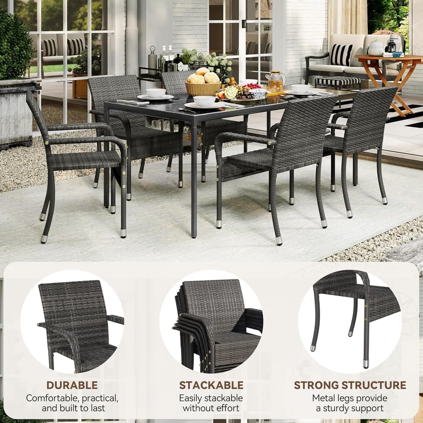 Yaheetech Set of 2 Stackable Outdoor Rattan Dining Chairs, All-Weather Firepits Armchair w/Armrests, Steel Frame for Garden, Patio, Deck, Yard, Poolside, Gray
