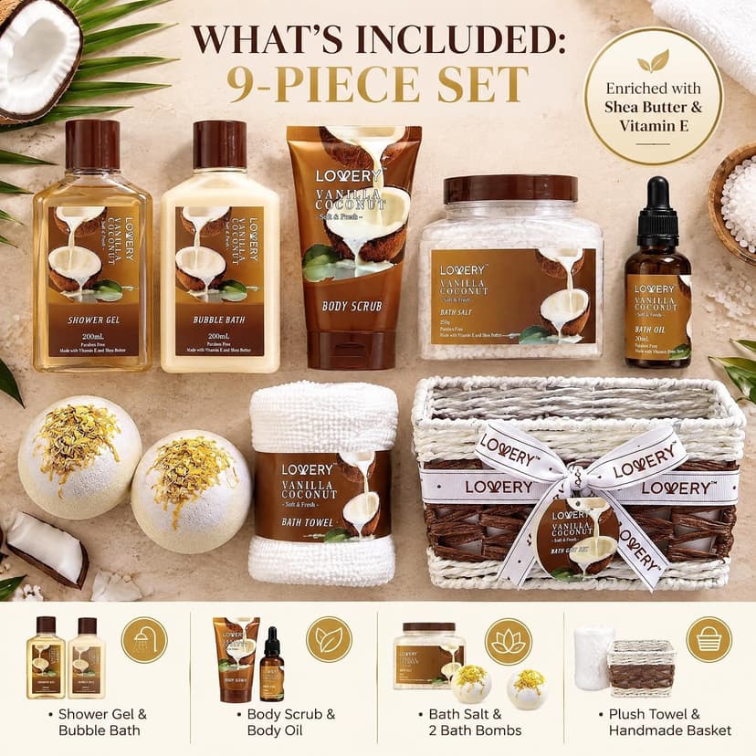 Gifts For Women Gift Basket for Women– 9 Piece Set of Vanilla Coconut Home Spa Set, Includes Fragrant Lotions, Extra Large Bath Bombs, Coconut Oil, Luxurious Bath Towel & More