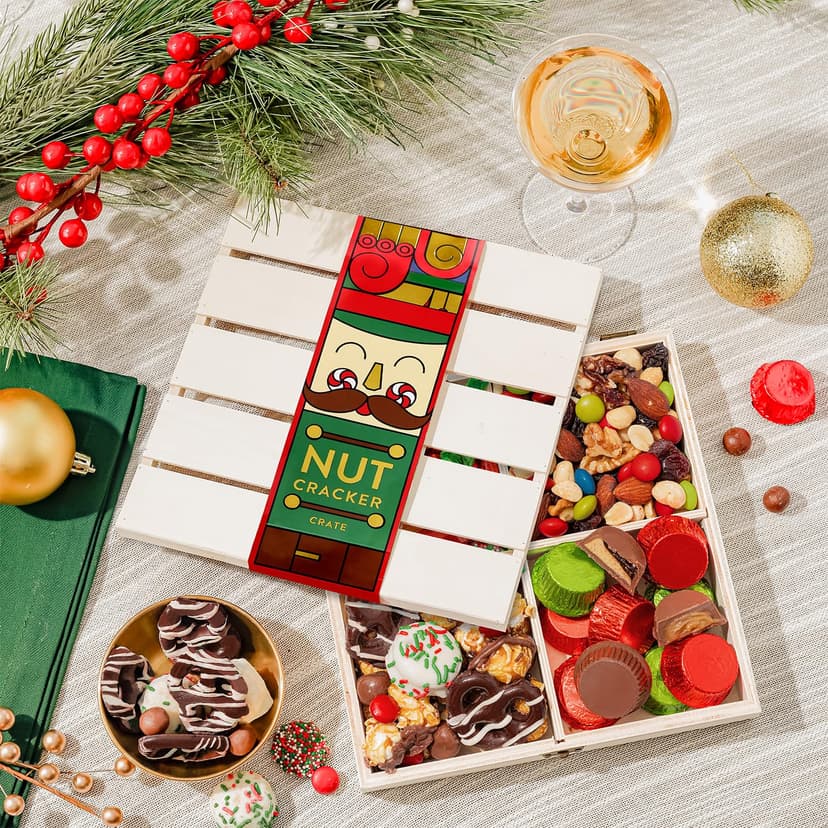 Christmas Gift Basket, Holiday Gourmet Treats- Variety Snack Crate- Candy Tray Food Assortment Idea- For Women, Men, Family 4 Section- Bonnie and Pop