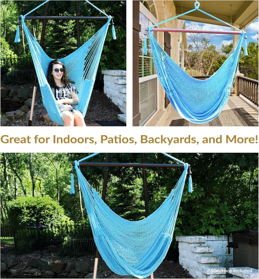 Sunnydaze Outdoor Hammock Chair Swing for Reading - Hanging Hammock Swing for Indoor or Patio - 300lb Capacity - Caribbean XL - Sky Blue