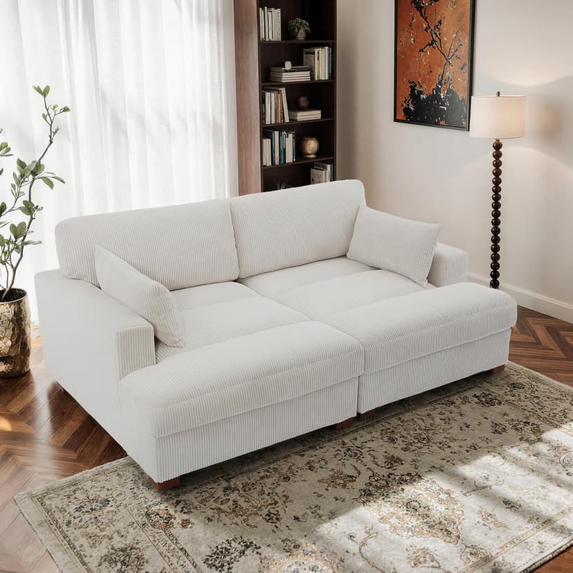 Oversized Chaise Lounge Chair Indoor with Left Armrest, Comfy Upholstered Sofa Bed Recliner Chair for Living Room, Corduroy Reading Seat Cloud Couch w/Solid Wood Frame - Sea Salt Grey