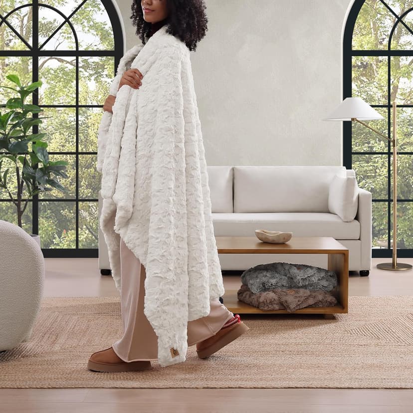 UGG Adalee Faux Fur Throw Blanket Luxury Lightweight Cozy Soft Throw for Couch Bed or Chair Hypoallergenic Machine Washable Double-Sided Fluffy Blanket Home Decor, 50-inch x 70-inch, Natural White