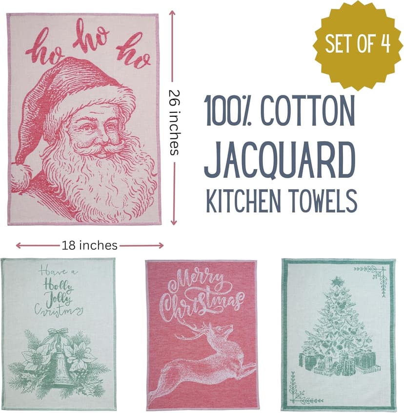 sea me at home Christmas Tea Towel Set of 4-100% Cotton Jacquard Kitchen Towels, Festive Dish Towels for Christmas Decor, Perfect Hostess Gift (Merry Christmas)