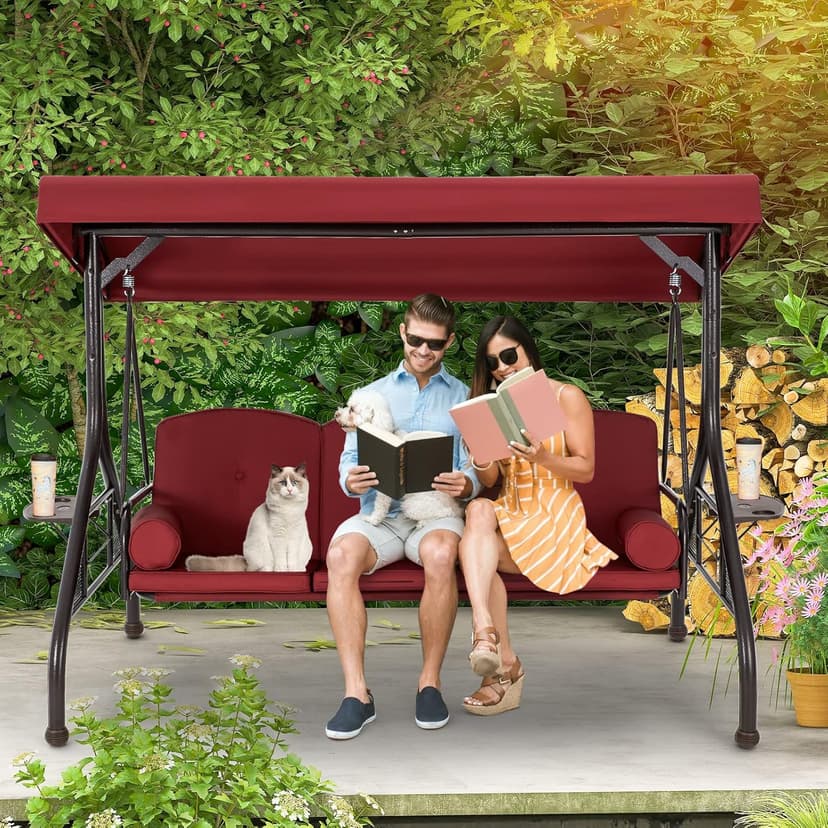 HOMREST 3 Seat Outdoor Porch Swing with Adjustable Canopy, Convertible Patio Swing Bed with Stand, Patio Glider Swing with Upgraded Cup Holder, Thicken Cushions & Pillow for Backyard(Wine Red)
