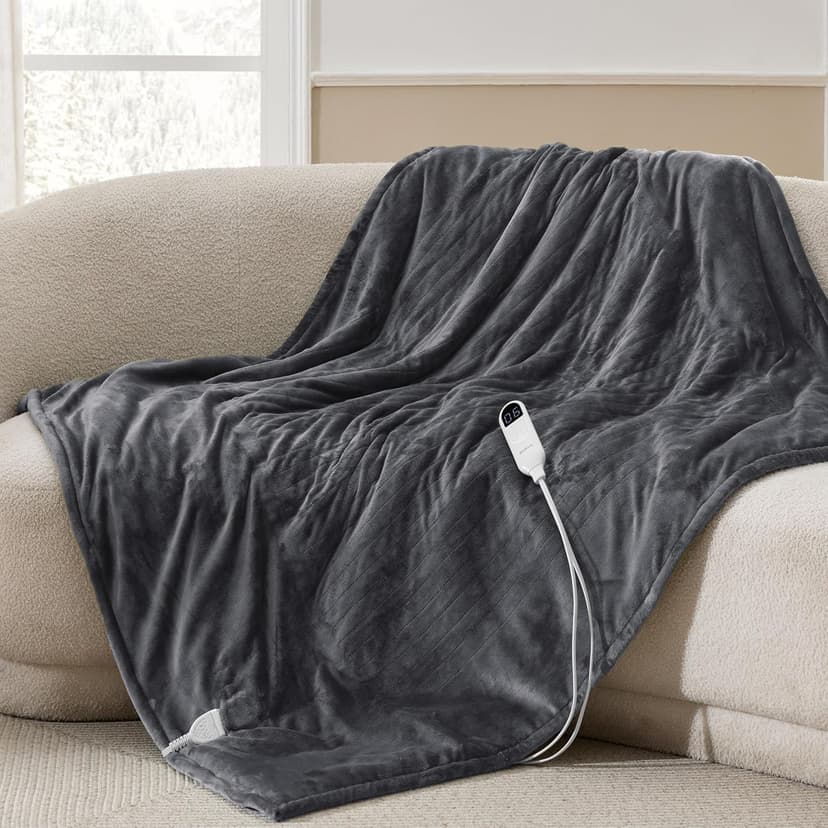 Bedsure Heated Blanket Throw Blanket - Fast Heating Electric Blanket, Soft Flannel Heated Throw with 4 Time Settings, 6 Heating Settings, Warm Gifts for Grandma Grandpa (50x60 inches, Dark Grey)