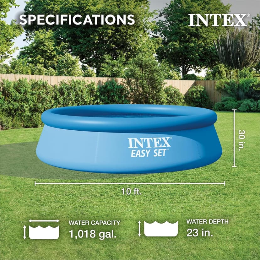 Intex 28120EH Easy Set Inflatable Swimming Pool: 10ft x 30in – Puncture-Resistant Material – Quick Inflation – 1018 Gallon Capacity – 23in Water Depth