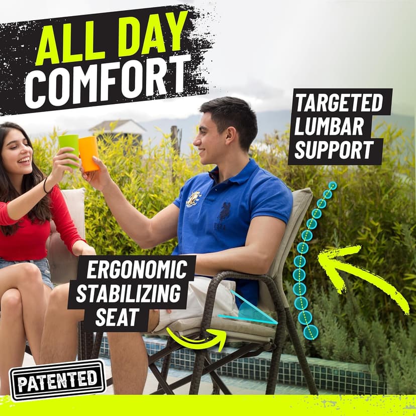 STRONGBACK Folding Patio Chair - Ergonomic Design for Back Pain Relief - 21" Seat Width/300 lb Capacity - Plush Olefin Cushions/Durable Magnesium Alloy Frame - Lightweight/Portable Outside Chairs