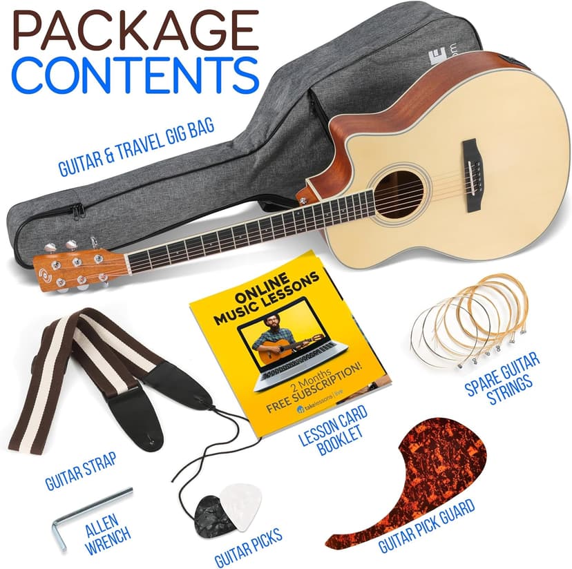 Pyle Premium Electric Acoustic Guitar Kit, 41" Full Size Dreadnought Cutaway with Spruce Top, Mahogany Sides, Gig Bag, Strap, Pickguard, Picks, Extra Steel String Set for Beginners, Advanced, Natural