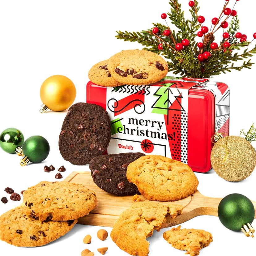 David's Cookies Merry Christmas Assorted Cookies in Sweet Sampler Tin – Fresh Baked Delicious Crunchy Cookies, Gourmet Cookie Gift Box For Friends, Family – Christmas Treats For Holiday Gatherings