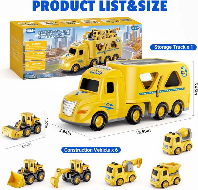 Transport Carrier Vehicle Toddler Toy with Light & Music, Excavator Dump Truck Bus Kids Gift for Boys and Girls (Yellow) Funwee 7-in-1 Construction Truck Toy w/ 6 Pull Back Cars & Track, Ages 1-5+ B0H9RSRFL7
