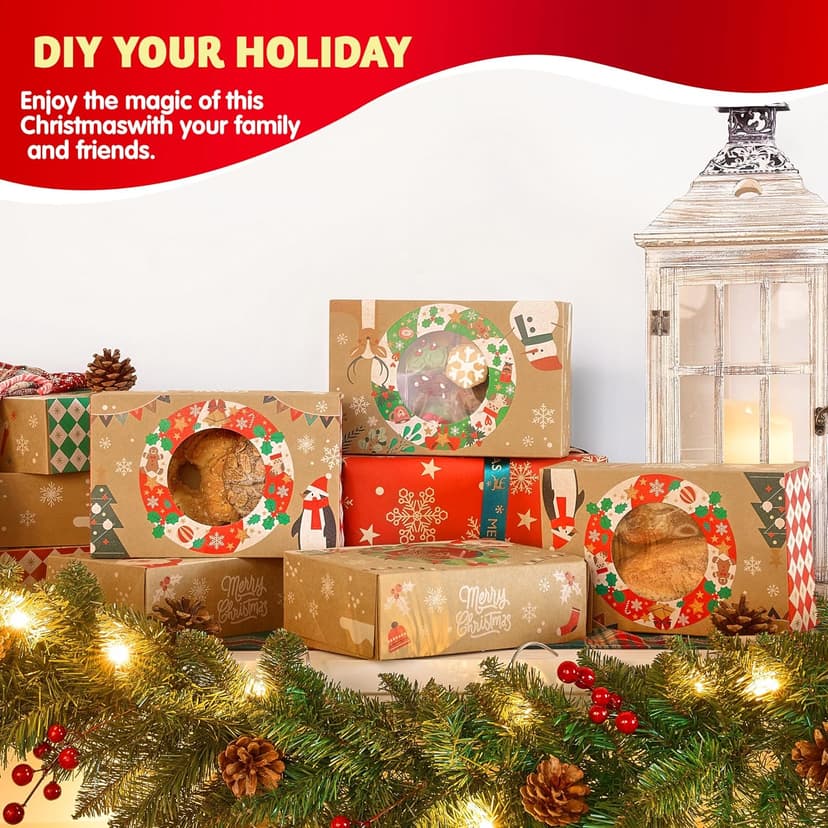 JOYIN 12PCS Christmas Cookie Boxes for Gift Giving, 8.75" x 5.75" x 2.75" Xmas Holiday Bakery Treat Boxes with Window, Kraft Cookie Tin Container Box for Baked Goods, Cupcake, Pastry, Candy, Brownies