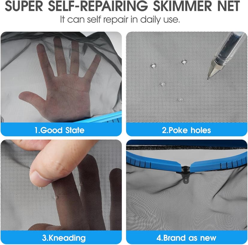Upgraded Self-Repair Pool Net, Pool & Pond Cleaning Skimmer with Heavy Duty Nylon Net - Fine Mesh, Aluminum Frame, Deep Trash Bag for Above Ground & In-ground Pools, Leaf Skimmer Rake Net(No Pole)