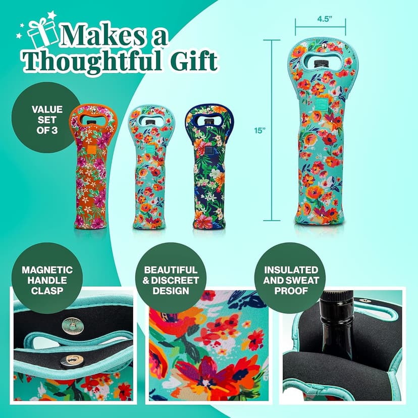 Made Easy Kit Insulated Wine Tote - Neoprene Wine Carrier Bag with Magnetic Handle Clasp - Wine Bottle Protective Travel Bag - Perfect for Gifting Travel or Gift Bag - Set of 3 (Floral Patterns)