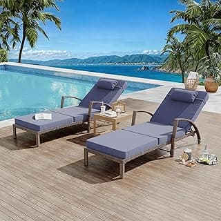 GarveeLife 2-Piece Rattan Patio Folding Chaise Lounge, 5-Position Adjustable Backrest Outdoor Lounge Chair with Cushion and Pillow for Poolside, Backyard, Deck, Porch, Blue