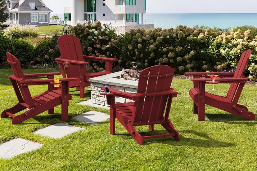 SERWALL Adirondack Chair with Cup Holders - Composite Adirondack Chairs Set of 2 HDPE Outdoor Chairs All Weather Use- Dark Red