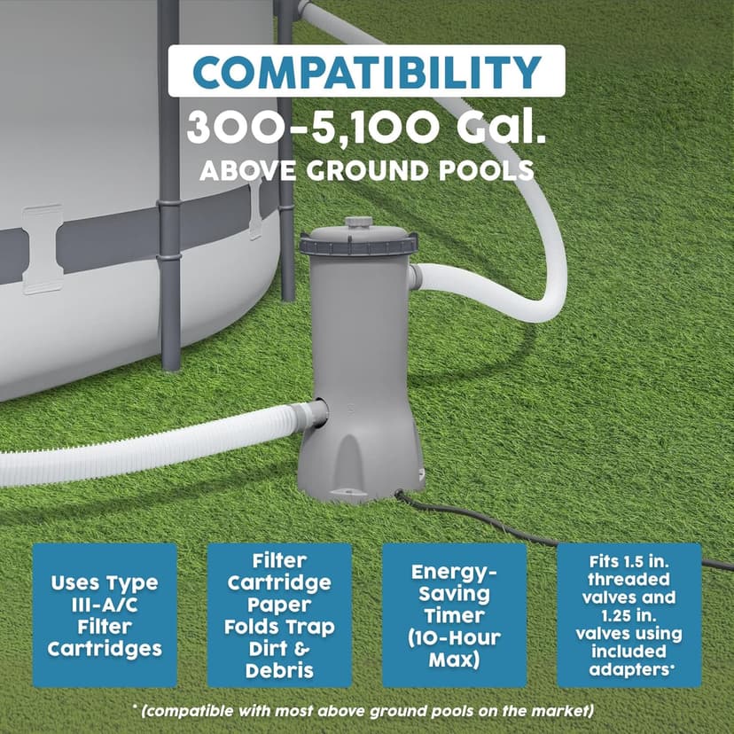 Bestway 1,500 GPH Filter Pump for Above Ground Swimming Pool with Type III A/C Cartridge, Adapter Accessories and Timer