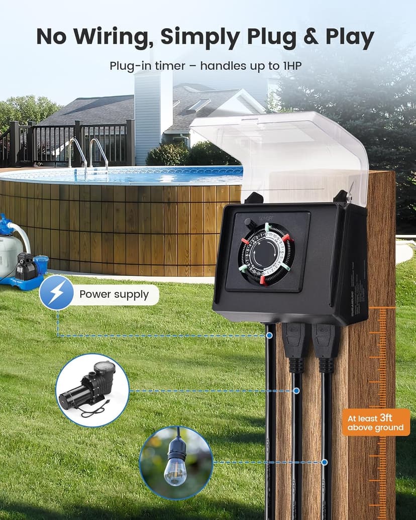 SURAIELEC Mechanical Pool Timer for Above Ground Pools, NEMA 5-15R Plug-in 24-Hour Timer with Dual Outlets, 15A 125V 1HP, Up to 3 Daily Settings, Weatherproof Cover for Pool Pumps, Outdoor Lighting